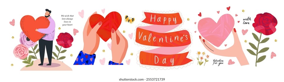 Happy Valentine's Day. February 14. Vector stylish, modern, cute illustration of hands holding heart, man giving valentine, logo, pattern for greeting card, poster and background