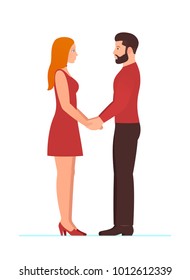 Happy Valentines day February 14th. Bearded man and beautiful redhead woman, couple in love, holding hands, looking into each others eyes, in full growth standing. template for wedding or anniversary