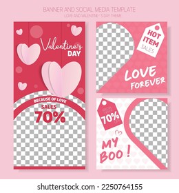 Happy Valentine's day. February 14th. Set of the banner and social media templates for posts, sales, advertisements, digital marketing, and promotion. Pink color background with valentine's element.