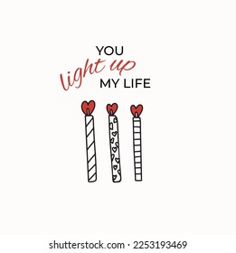 happy Valentines day february 14th romance cute sweet hand drawn playful love letter card design vector couple you light up my life pun lover red pink postcard creative heart illustration cute graphic