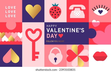 Happy Valentine's day, February 14th. Vector illustration for banner,greeting cards, posters, holiday cover . Abstract design with romantic decorative elements. Modern minimalist geometric style.