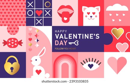 Happy Valentine's day, February 14th. Vector illustration for banner,greeting cards, posters, holiday cover . Abstract design with romantic decorative elements. Modern minimalist geometric style.