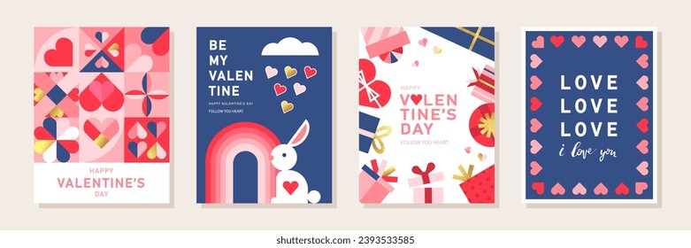 Feliz Día de San Valentín, 14 de febrero. Juego de tarjetas de felicitación, afiches, portadas de vacaciones. Diseño abstracto con elementos decorativos románticos. Estilo geométrico minimalista moderno.