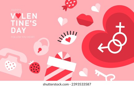 Happy Valentine's Day, February 14th. Vector illustration for banner,greeting cards, posters, holiday cover . Abstract design with romantic decorative elements. Modern minimalist geometric style.