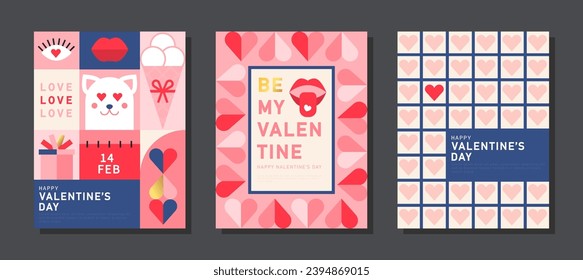 Happy Valentine's day, February 14th. Set of greeting cards, posters, holiday covers. Abstract design with romantic decorative elements. Modern minimalist geometric style.