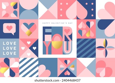 Feliz Día de San Valentín, 14 de febrero. Ilustración vectorial para banner, tarjetas de felicitación, afiches, portada de vacaciones . Diseño abstracto con elementos decorativos románticos. Estilo geométrico minimalista moderno