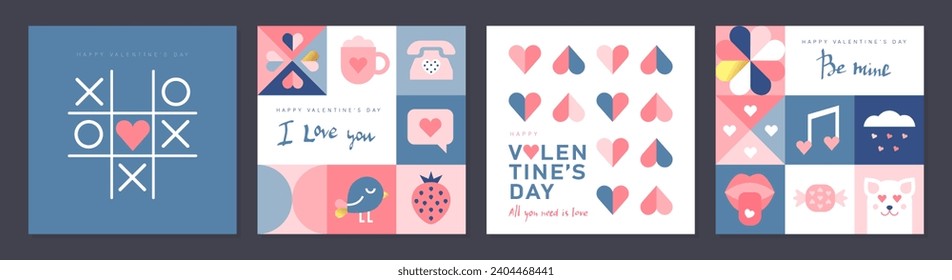 Happy Valentines day, February 14th. Set of greeting cards, posters, holiday covers. Abstract design with romantic decorative elements. Modern minimalist geometric style.