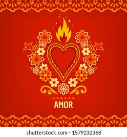 Happy Valentines Day, Feliz Dia de San Valentin. Greeting card, invitation with a fiery heart and flowers in paper style. Corazon Mexicano.