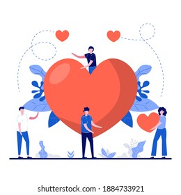 Happy valentine's day festival concept with tiny character and huge heart symbol. Loving couple giving and sharing love with other. Can use for poster, card, background, web banner or landing page.