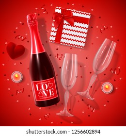 Happy Valentine's Day festive banner. Vector illustration with top view on realistic bottle of champagne, gift box, glasses of champagne, red serpentine and confetti.