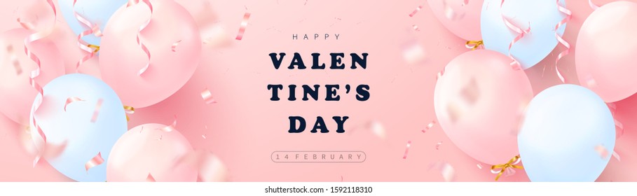 Happy Valentines Day festive banner. Vector illustration with 3D pink and blue balloons, serpentine and confetti.Modern holiday background for postcard,  poster and other design