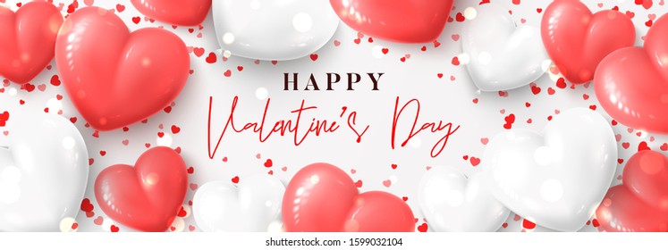 Happy Valentine's Day festive banner. Vector illustration with realistic pink and white air balloons and confetti on white background. Holiday gift card.