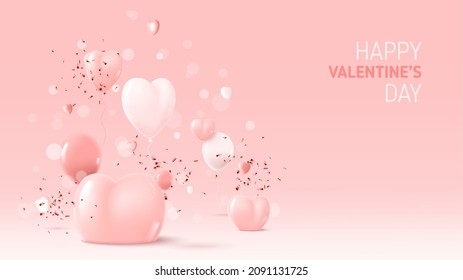 Happy Valentine's Day festive banner. Holiday background with abstract 3d composition for Valentine's Day. Vector illustration with hearts, balloons and confetti on pink background.