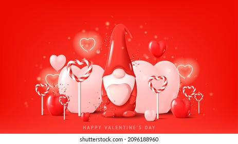 Happy Valentine's Day festive banner. Holiday background with cute gnome on red background with neon hearts, balloons, lollipops and confetti. Vector illustration with symbols of Valentine's Day.