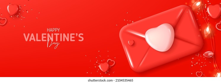 Happy Valentine's Day festive banner. Vector illustration with envelope, hearts, light garland and confetti. Holiday decoration with abstract 3d composition for Valentine's Day. Holiday card.