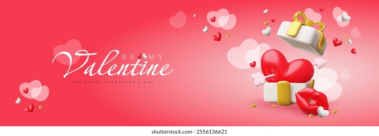 Happy Valentine's Day festive banner vector design. Realistic lips, red and white hearts with arrow from inflated balloon in gift box 3D style. Glossy helium foil love symbols. Romantic air decoration