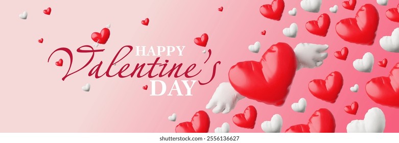 Happy Valentine's Day festive banner vector design. Realistic red and white hearts with wings from inflated balloon 3D style. Glossy helium foil heart balloons love symbol. Romantic air decoration