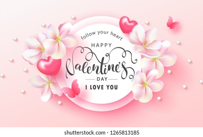 Happy Valentine's Day Festive Card. Beautiful Background with spring flowers, hearts, beads and butterfly. Vector Illustration.