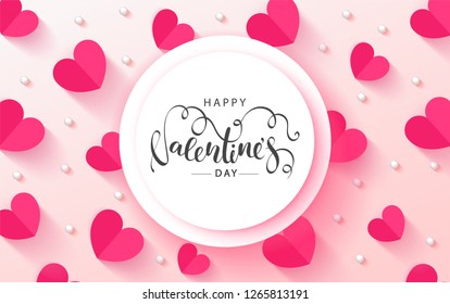 Happy Valentine's Day Festive Card. Beautiful Background with paper hearts. Vector Illustration.