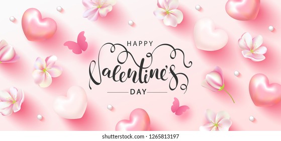 Happy Valentine's Day Festive Card. Beautiful Background with spring flowers, hearts, beads and butterfly. Vector Illustration.