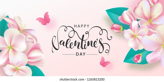 Happy Valentine's Day Festive Card. Beautiful Background with spring flowers and butterfly. Vector Illustration.