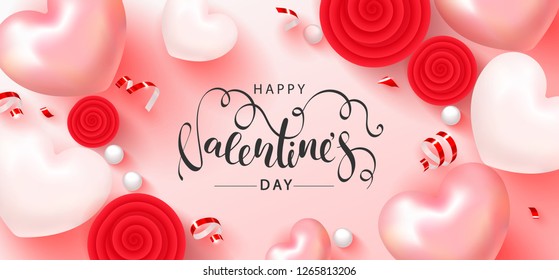 Happy Valentine's Day Festive Card. Beautiful Background with hearts, roses and serpentine. Vector Illustration.