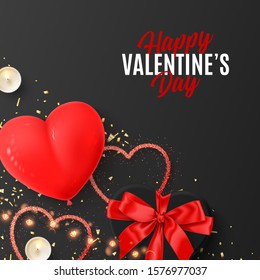 Happy Valentine's Day festive card. Vector illustration with black gift box, sparkling light garland, candles and confetti on black background.