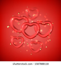 Happy Valentine's Day festive card. Vector illustration with flying red hearts with blur effect. Realistic golden symbols.