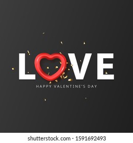 Happy Valentine's Day festive card template. Vector illustration with realistic red heart and gold confetti on black background. Holiday gift card.