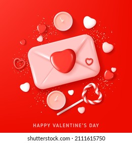 Happy Valentine's Day festive card. Abstract composition for Valentine's Day. Vector illustration with lollipop, envelope, hearts, candles and confetti on red background. Holiday banner.