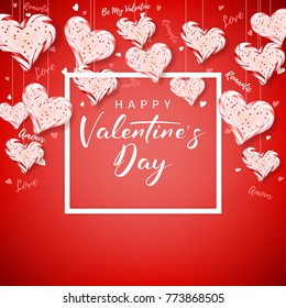 Happy Valentine's Day Festive Card. Red Beautiful Background with Realistic Candy Hearts. Vector Illustration.