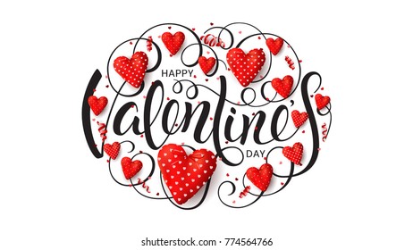 Happy Valentine's Day Festive Card. Top view on composition with Fabric Red Hearts, confetti and serpentine on white background. Vector illustration with Lettering.