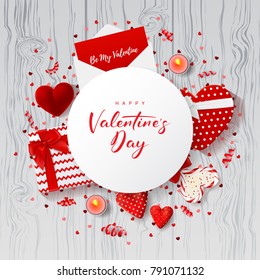 Happy Valentine's Day Festive Card. Top View on Composition with Gift Boxes, Confetti and Serpentine on Wooden Texture. Vector Illustration. Decoration Banner with Lollipop and Candles.