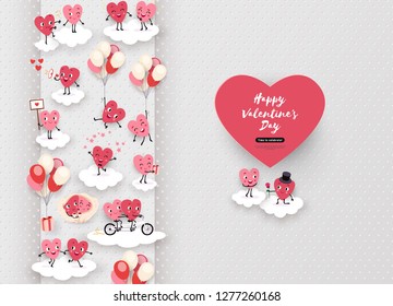 Happy Valentines Day festive design. 3d paper cut animated couples of loving hearts, clouds, air, space for text. Love story, funny romantic symbols in different situations, vector