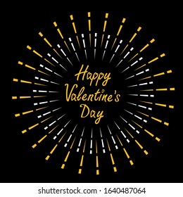 Happy Valentines Day. Festive fireworks decoration. Star sparkle set round frame. Cracker light. Golden color. Firecracker burst. Gold and white. Flat design. Black background. Vector illustration