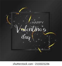 Happy Valentine's Day festive glitter layout design template. Shiny golden hearts on a dark background with a frame, border. Valentine's day lettering vector card illustration. Be my Valentine.