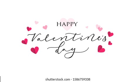 Happy Valentines Day festive greeting card vector illustration. Romantically template with lettering and pink hearts isolated on white background. Feast of Saint Valentine concept