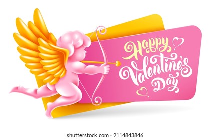 Happy Valentines Day festive label or badge with winged archery cupid. Calligraphic hand drawn congrats text. Vector illustration. 