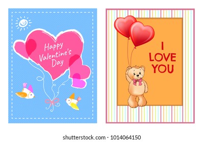 Happy Valentines day festive postcards with pink hearts, little birds, bear that holds balloons and i love you sign cartoon flat vector illustrations.