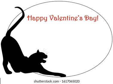 Happy Valentines Day festive red frame with black cat silhouette isolated on white. Romantic greeting card in retro style. Decorative border with copy space for text, vector design eps 10