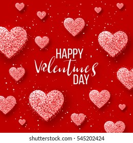 Happy valentine's day festive sparkle layout template design. Glitter red hearts on red background with frame, border. Lettering Valentine day card vector Illustration. Red Glitter Love confetti.