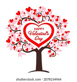 Happy Valentine's Day.  Festive tree with  heart shaped leaves. Promo greeting card with white background. Holiday brochure design, greeting card, love creative concept, gift voucher, invitation.