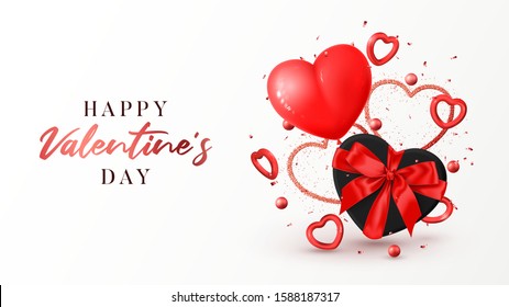 Happy Valentine's Day festive web banner. Vector illustration with realistic air balloon, black gift box, red hearts and confetti on white background. Festive greeting background.