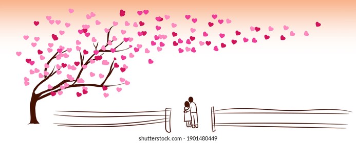 Happy Valentine's Day. Flat art vector illustration abstract background. Tree of love pink and red. Blown heart leaves. Couple standing hugging each other painted with a dark brown brush. Sweet love.