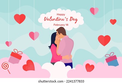 happy valentines day flat background with embracing and kissing couple on background from the hearts and gifts on clouds, and hanging paper hearts