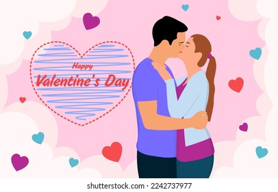 happy valentines day flat background with embracing and kissing couple on background from big love heartm, color little hearts and gentle clouds