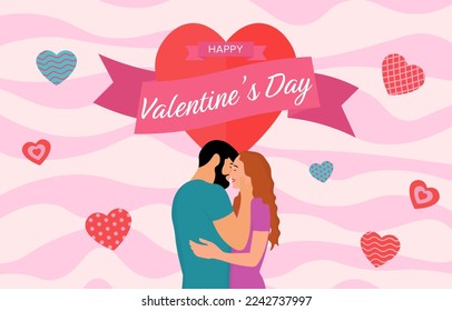 happy valentines day flat background with embracing and kissing couple on background from the funny hearts and color clouds