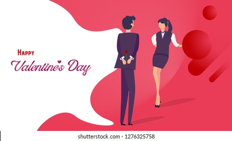 Happy Valentine's day flat design. Man giving rose to his girlfriend for romantic flirting. Graphic design concept. Vector illustration