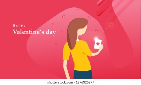 Happy Valentine's day flat design. Woman looking at heart postcard from her boyfriend. Graphic design concept. Vector illustration