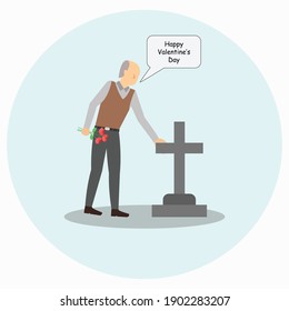 Happy Valentine's Day. Flat design which tells of an old man who visits his wife's grave on Valentine's Day and brings 3 flowers which means "I love you"